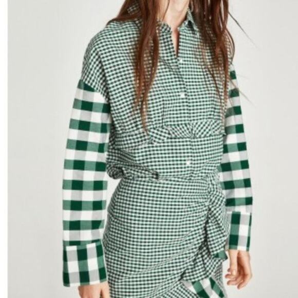 Zara Trafaluc Colection Women's Green White Checked Print Blouse Top Size L - Picture 3 of 11